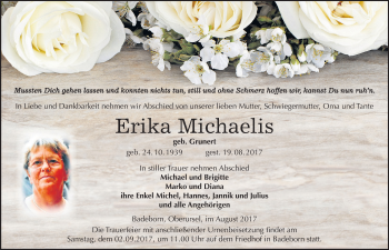 Traueranzeige von Erika Michaelis von Mitteldeutsche Zeitung Quedlinburg