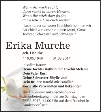 Traueranzeige von Erika Murche von WVG - Wochenspiegel Bitterfeld
