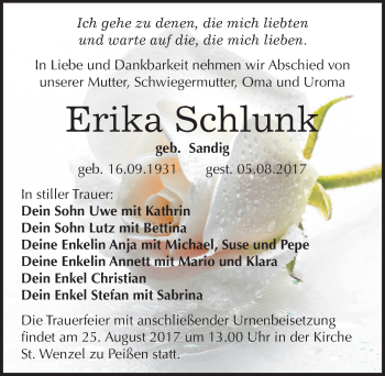 Traueranzeige von Erika Schlunk von Mitteldeutsche Zeitung Halle/Saalkreis