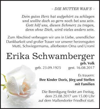 Traueranzeige von Erika Schwamberger von Mitteldeutsche Zeitung Naumburg/Nebra