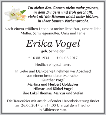 Traueranzeige von Erika Vogel von Mitteldeutsche Zeitung Dessau-Roßlau