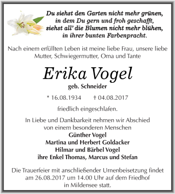 Traueranzeige von Erika Vogel von WVG - Wochenspiegel Dessau / Köthen