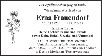Traueranzeige von Erna Frauendorf von WVG - Wochenspiegel Dessau / Köthen