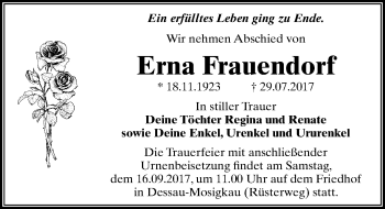 Traueranzeige von Erna Frauendorf von Mitteldeutsche Zeitung Dessau-Roßlau