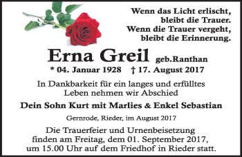 Traueranzeige von Erna Greil von Mitteldeutsche Zeitung Quedlinburg