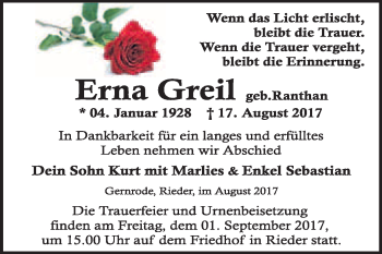 Traueranzeige von Erna Greil von WVG - Wochenspiegel Quedlinburg