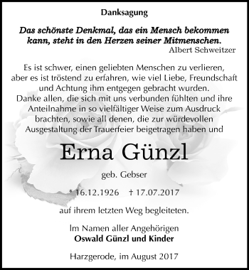 Traueranzeige von Erna Günzl von Mitteldeutsche Zeitung Sangerhausen