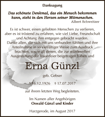Traueranzeige von Erna Günzl von Super Sonntag SGH Mansf. Land