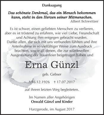 Traueranzeige von Erna Günzl von Super Sonntag SGH Mansf. Land