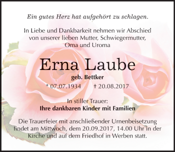 Traueranzeige von Erna Laube von Mitteldeutsche Zeitung Bitterfeld