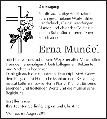 Traueranzeige von Erna Mundel von WVG - Wochenspiegel Wittenberg