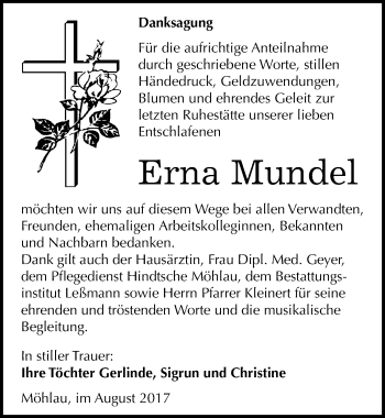Traueranzeige von Erna Mundel von Mitteldeutsche Zeitung Wittenberg