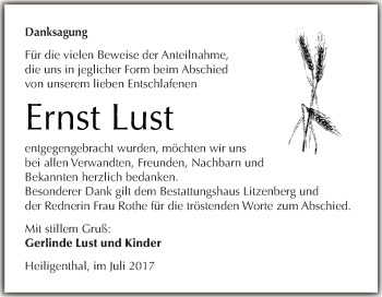 Traueranzeige von Ernst Lust von Wochenspiegel Mansfelder Land