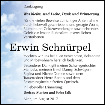 Traueranzeige von Erwin Schnürpel von WVG - Wochenspiegel Dessau / Köthen