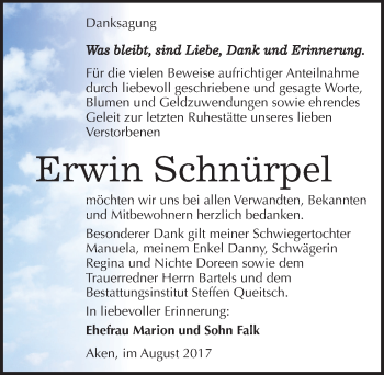 Traueranzeige von Erwin Schnürpel von Mitteldeutsche Zeitung Köthen