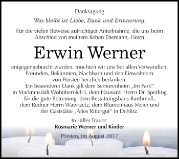Traueranzeige von Erwin Werner von WVG - Wochenspiegel NMB / WSF / ZTZ