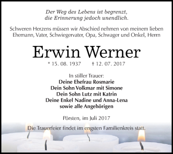 Traueranzeige von Erwin Werner von WVG - Wochenspiegel NMB / WSF / ZTZ