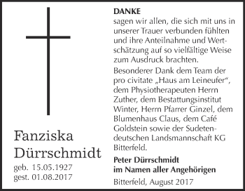 Traueranzeige von Fanziska Dürrschmidt von WVG - Wochenspiegel Bitterfeld