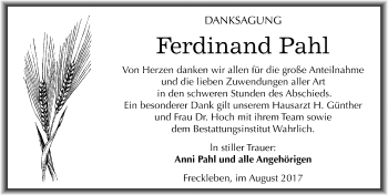 Traueranzeige von Ferdinand Pahl von Mitteldeutsche Zeitung Aschersleben