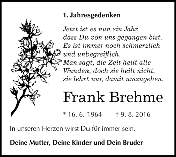 Traueranzeige von Frank Brehme von WVG - Wochenspiegel Quedlinburg