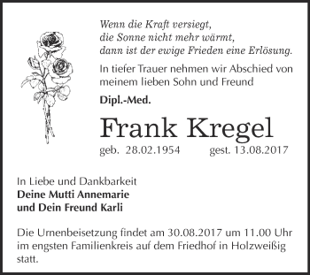 Traueranzeige von Frank Kregel von WVG - Wochenspiegel Bitterfeld