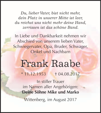 Traueranzeige von Frank Raabe von WVG - Wochenspiegel Wittenberg