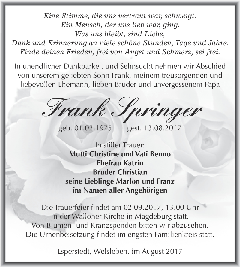  Traueranzeige für Frank Springer vom 26.08.2017 aus WVG - Wochenspiegel Merseburg