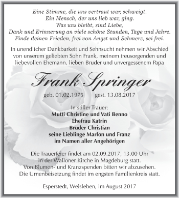 Traueranzeige von Frank Springer von WVG - Wochenspiegel Merseburg