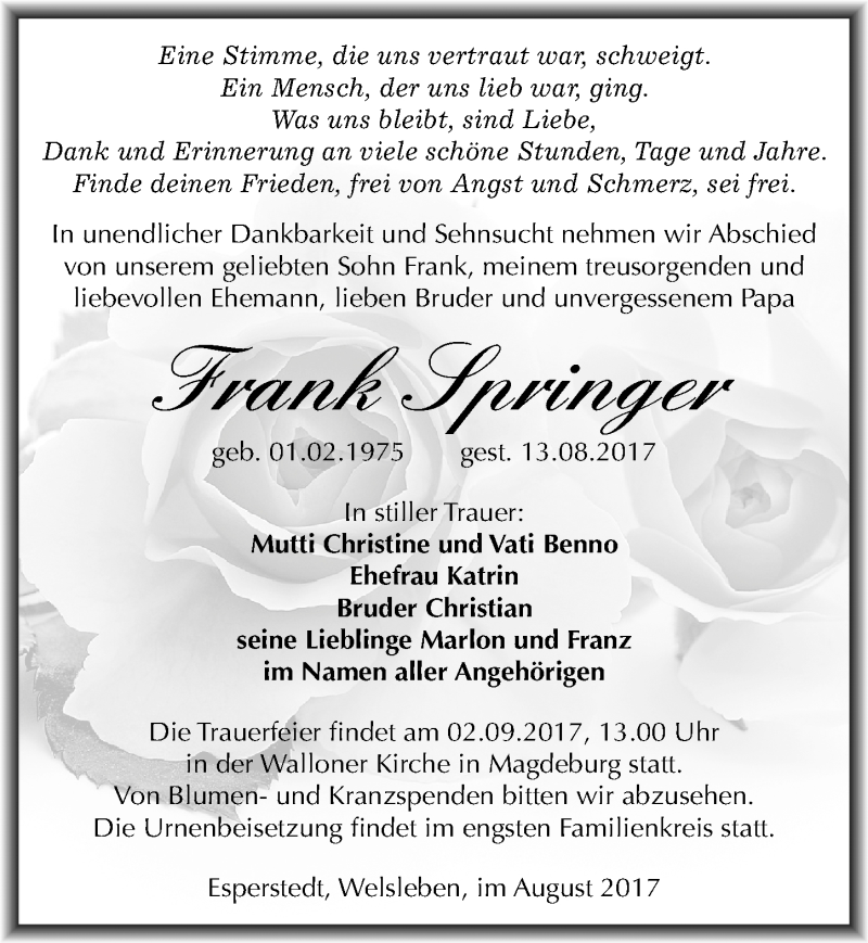  Traueranzeige für Frank Springer vom 25.08.2017 aus Mitteldeutsche Zeitung Merseburg/Querfurt