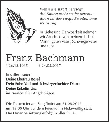 Traueranzeige von Franz Bachmann von WVG - Wochenspiegel Bitterfeld