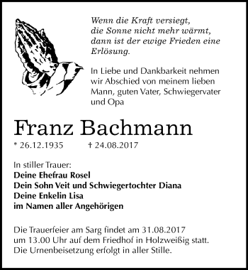 Traueranzeige von Franz Bachmann von Mitteldeutsche Zeitung Bitterfeld