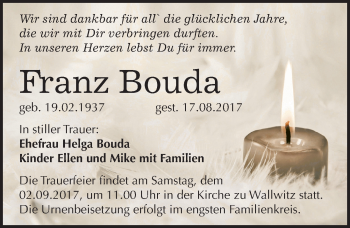 Traueranzeige von Franz Bouda von Mitteldeutsche Zeitung Halle/Saalkreis