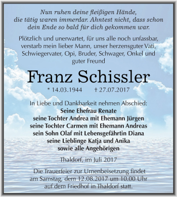 Traueranzeige von Franz Schissler von Super Sonntag SGH Mansf. Land
