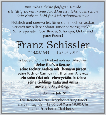 Traueranzeige von Franz Schissler von Mitteldeutsche Zeitung Mansfelder Land