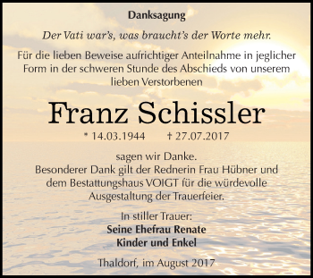 Traueranzeige von Franz Schissler von Wochenspiegel Mansfelder Land