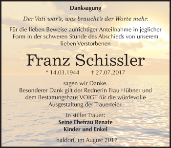 Traueranzeige von Franz Schissler von Mitteldeutsche Zeitung Mansfelder Land