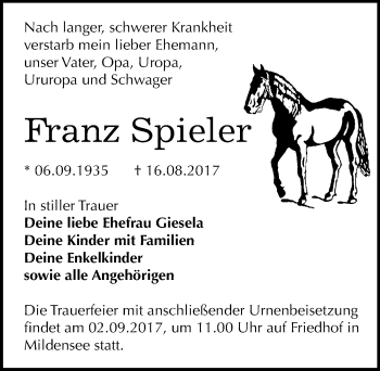 Traueranzeige von Franz Spieler von Mitteldeutsche Zeitung Dessau-Roßlau
