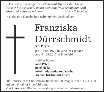 Traueranzeige von Franziska Dürrschmidt von WVG - Wochenspiegel Bitterfeld