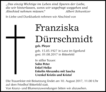 Traueranzeige von Franziska Dürrschmidt von Mitteldeutsche Zeitung Bitterfeld