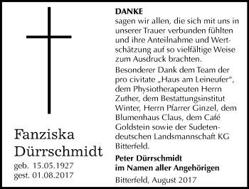 Traueranzeige von Franziska Dürrschmidt von Mitteldeutsche Zeitung Bitterfeld