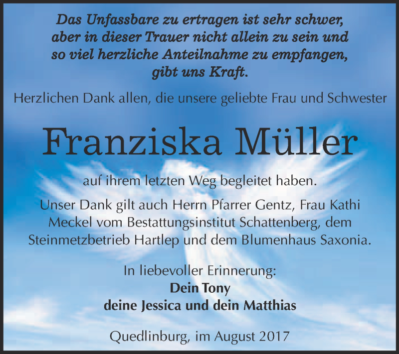  Traueranzeige für Franziska Müller vom 05.08.2017 aus Super Sonntag Quedlinburg