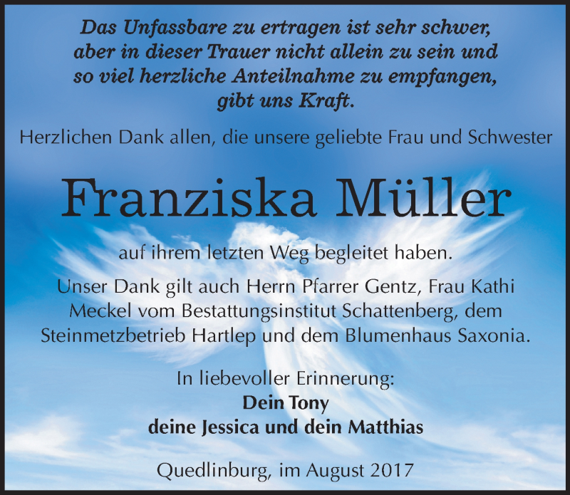  Traueranzeige für Franziska Müller vom 05.08.2017 aus Mitteldeutsche Zeitung Quedlinburg