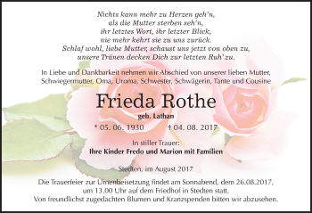 Traueranzeige von Frieda Rothe von Mitteldeutsche Zeitung Mansfelder Land