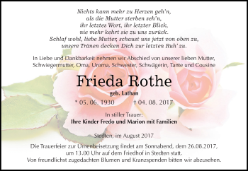 Traueranzeige von Frieda Rothe von Wochenspiegel Mansfelder Land