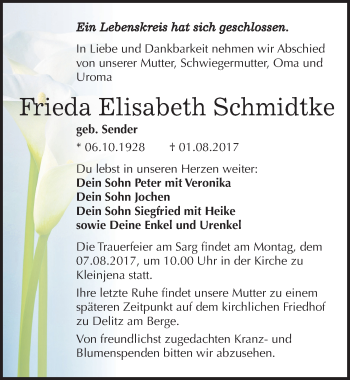 Traueranzeige von Frieda Elisabeth Schmidtke von Mitteldeutsche Zeitung Naumburg/Nebra
