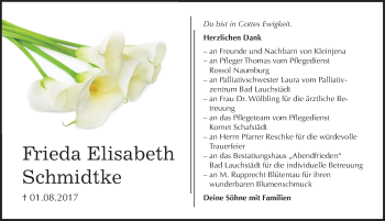 Traueranzeige von Frieda Elisabeth Schmidtke von Mitteldeutsche Zeitung Naumburg/Nebra