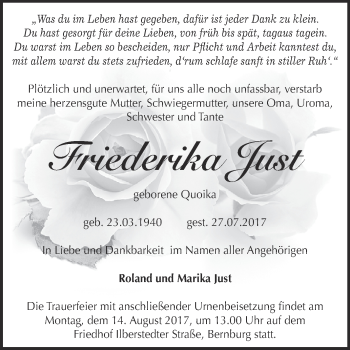 Traueranzeige von Friederika Just von Super Sonntag Bernburg