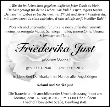 Traueranzeige von Friederika Just von Mitteldeutsche Zeitung Bernburg