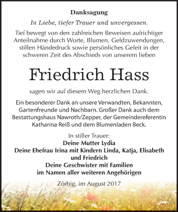 Traueranzeige von Friedrich Hass von Mitteldeutsche Zeitung Bitterfeld