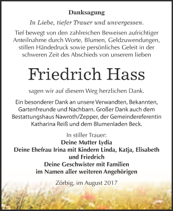 Traueranzeige von Friedrich Hass von WVG - Wochenspiegel Bitterfeld